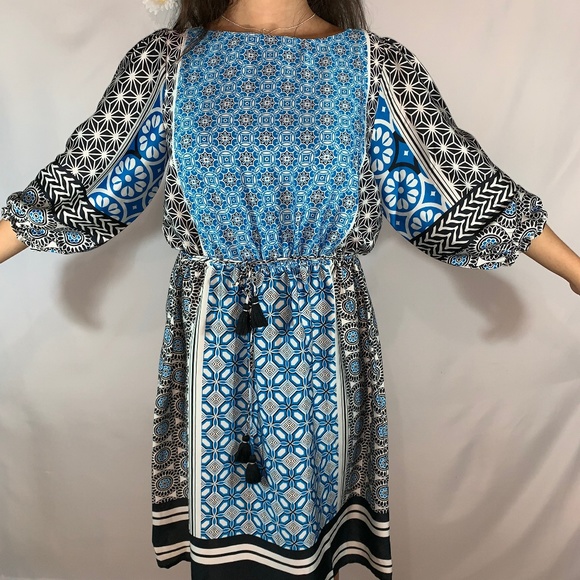 LOFT Dresses & Skirts - LOFT Ocean Blue/Black Mosaic Blouson Dress